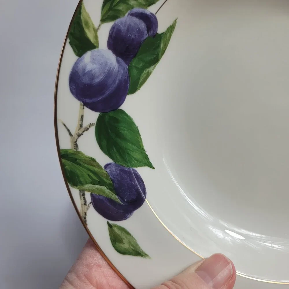 TWO Mikasa Plum L3132 Court Rim Soup Bowls White with Purple Plums Green Leaves